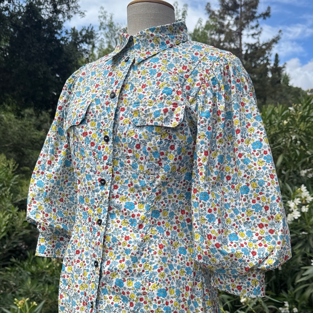 GANNI floral organic cotton puff-sleeve button-front mini dress - Picture 3 of 17